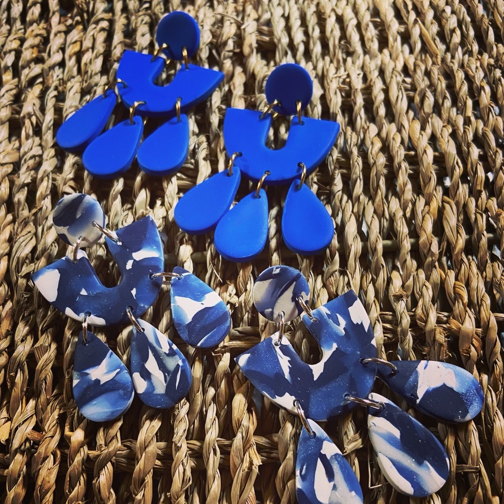 Beautiful royal blue and denim blue marble mix clay earrings